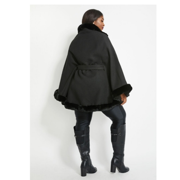 Faux fur trim belted cape - Picture 2 of 3